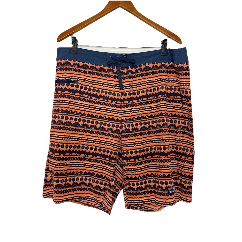Patagonia Wavefarer Board Shorts Mens Medium Orange Blue Print Swim Trunk 10"